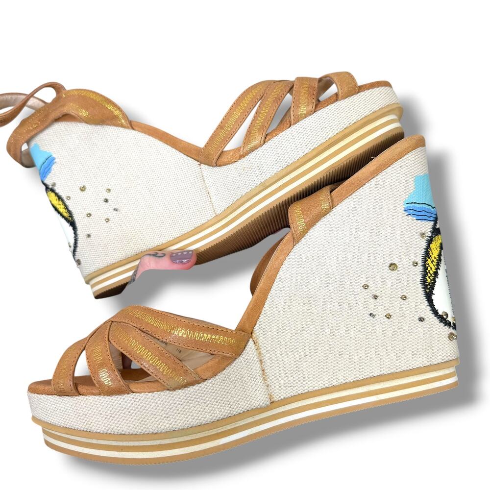 COACH Caroline Tan Leather Beach Embroidered Motifs Wedge Platform Sandals - Picture 8 of 16